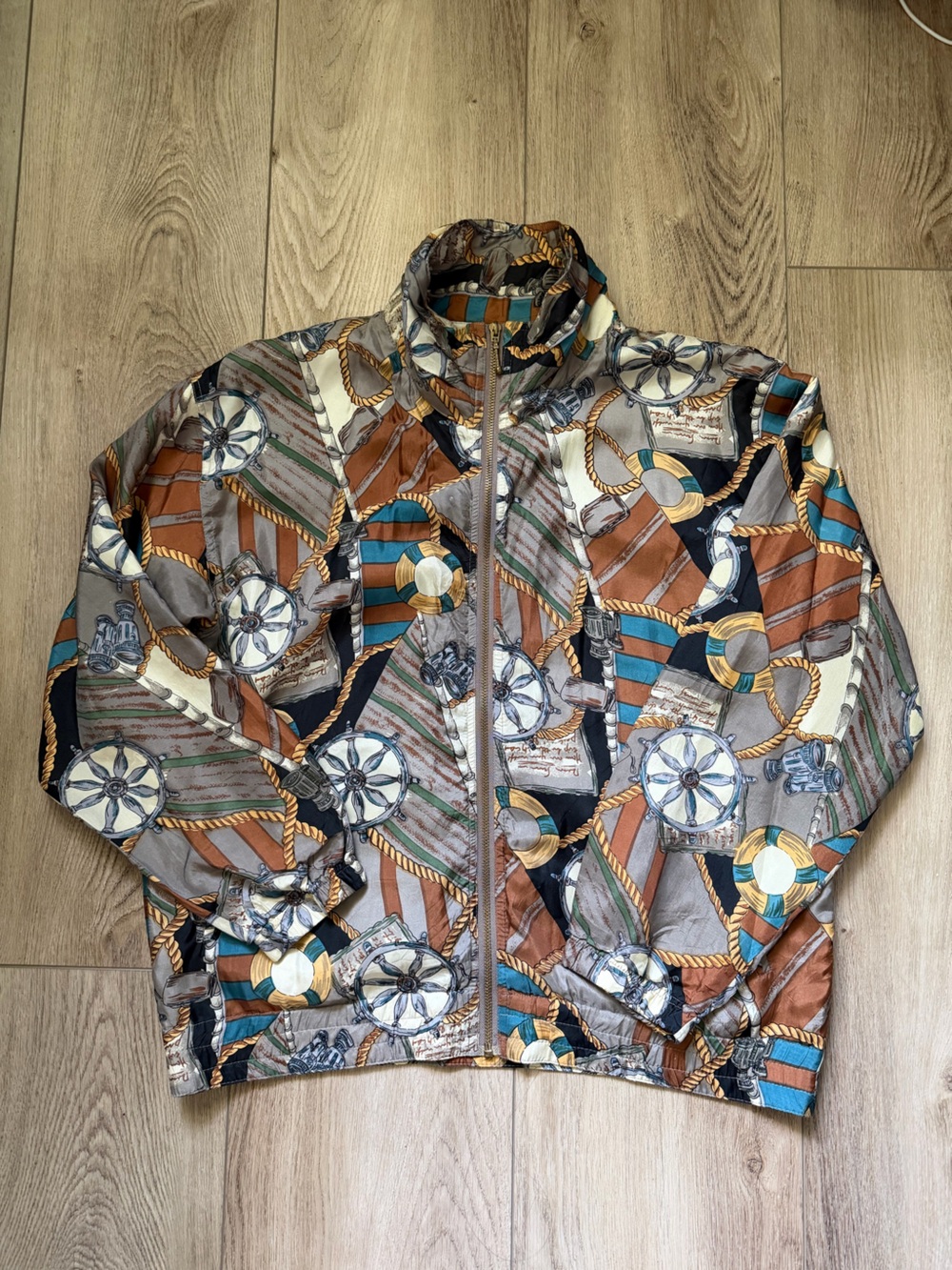Vintage EVR 100% Silk Nautical Print Zip Jacket in Teal, Rust, Cream